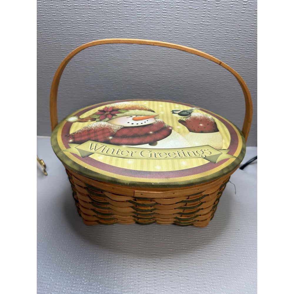 Winter Greetings Snowman Woven Wood Holiday Basket with Lid and Handle